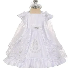 Baby Girls White Virgin Mary Embroidery Cape Baptism Dress 0-24M