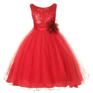 Big Girls Red Sequin Bodice Floral Overlaid Flower Girl Dress 8