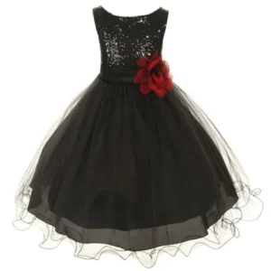 Big Girls Black Sequin Bodice Floral Overlaid Flower Girl Dress 10