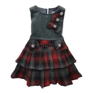 Big Girls Grey Red Plaid Bow Accented Tiered Pleated Dress 8