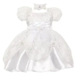 Baby Girls White Lace Ribbon Headband Special Occasion Flower Girl Dress 6M