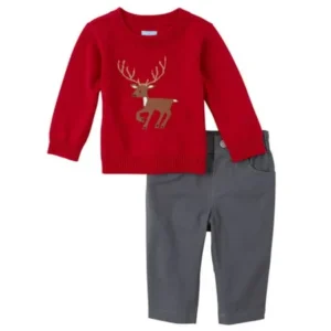 Childrens Place Infant Boys Outfit Red Deer Sweater & Gray Pants Set