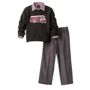 VanHeusen Boys 3P Outfit Fire Truck Sweatshirt Corduroy Pants & Dress Shirt 6