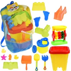 Kids Beach Sand Toys Gift in Mesh Bag with Castle Bucket, Sand Wheel Triple, Watering Can, Shovels, Rakes, Footprint Molds Sea Creatures Molds, Castle Molds, and Sand Tool Summer Toys Play Set F-130