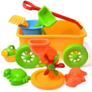 Kids Beach Sand Toys Outdoor Activities Educational Colorful Play Set with Sand Wheel for Watering Can, Shovels Set, Rakes, Bucket, and 2 Sea Creature Molds in a Wagon 8 PCs F-133