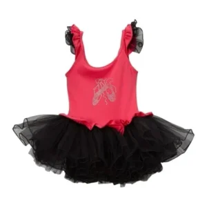 Girls Hot Pink Black Ballet Slipper Ruffle Skirted Leotard 12M-10