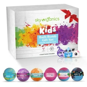 Sky Organics Kids Bath Bombs Gift Set with Surprise Toys Inside (6 ct) Fun Assorted Colored Jumbo Bath Fizzies Kid Friendly Gender-Neutral Bath Bombs Made in the USA Bubble Bath Fizzy Set