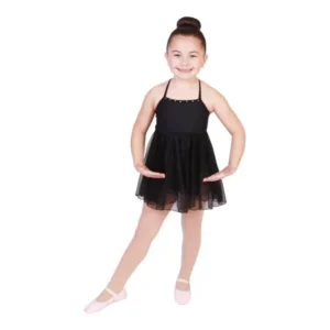 Girls Black Rhinestone Trim Empire Waist Style Dancewear Dress