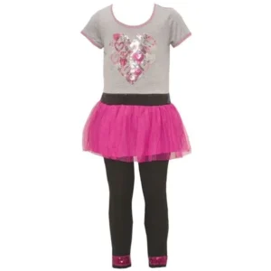 Little Girls Grey Fuchsia Mesh Glitter Sequin Heart Legging Outfit