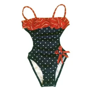 Little Girls Red Stripe Dotted Pattern Ruffle Rosette One Piece Swimsuit 4