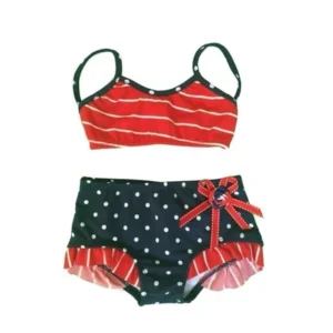 Little Girls Red Nautical Stripe Dot Rosette Ruffle Accent 2 Pc Swimsuit