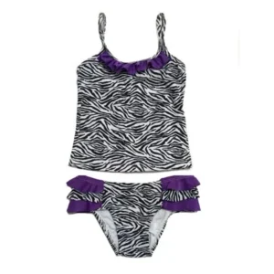 Little Girls Black Purple Zebra Pattern Ruffle Detail 2 Pc Tankini Swimsuit 4