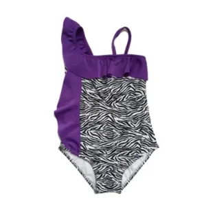 Girls Black Purple Zebra Print Shoulder Ruffle Detail One Piece Swimsuit 8