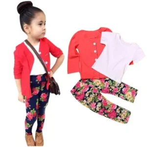 Voberry? Fashionable Cute Floral Printed New One Set Three PCS Kids Toddler Girls Long Sleeve T-Shirt Tops+Coat+Pants Clothes Outfits Red Color
