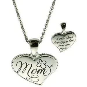 Stainless-Steel Inscribed Mom Heart Pendant, 18-20