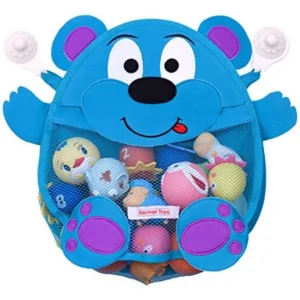 Herman Bear Baby Bath Toy Organizer - Toddler Bath Tub Toy Storage Holder - Bathroom Toy Net Bag + heavy duty suction cups, Blue