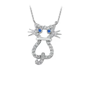 Sapphire and Cubic Zirconia Cat Pendant in 925 Sterling Silver with Free Chain Affordable Price