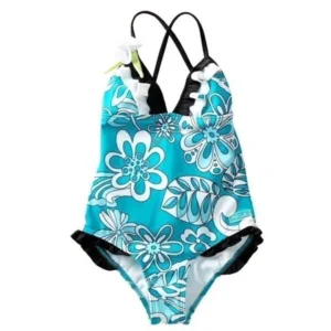 Azul Little Girls Black Turquoise Hibiscus Ruffle One Piece Swimsuit