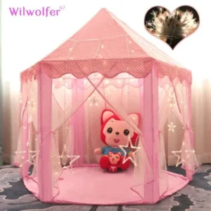 Princess Tent Large Castle Playhouse for Children Indoor and Outdoor Games Hexagon Kids Play Tent with 17 Feet 50 Star Lights (Pink)