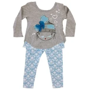 Little Girls Gray Hearts Bow Long Sleeve 2 Pcs Outfit Set 2T-6X