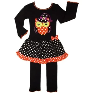 AnnLoren Little Girls Knit Halloween Witchy Owl Dress Clothing Set