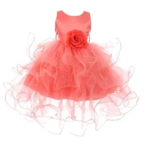 Baby Girls Coral Floral Adorned Cascade Ruffle Stylish Flower Girl Dress