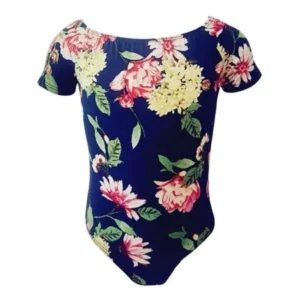 Little Girls Navy Pink Floral Print Short Sleeved Stylish Leotard