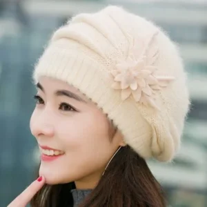Fashion Womens Flower Knit Crochet Beanie Hat Winter Warm Cap Beige