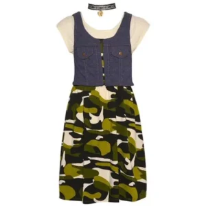 Girls Olive Green Camouflage Print Chambray Vest Necklace Casual Dress 8