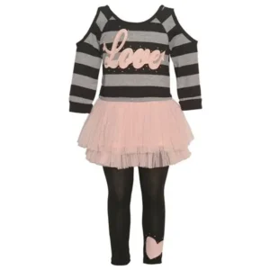 Girls Blush Grey Stripe "Love" Cold Shoulder Top 2 Pc Legging Outfit