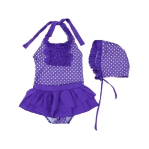 Wenchoice Little Girls Purple Polka Dot Ruffle Cap Swimsuit 3 Pc Set