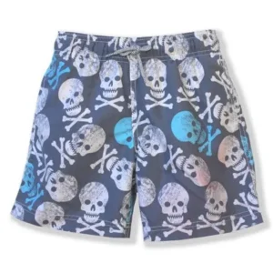 Azul Boys Gray Blue Skull Print Hamlet Drawstring Swimwear Shorts