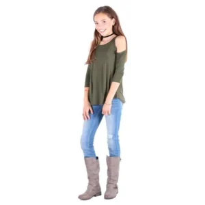 Lori&Jane Girls Olive Cold Shoulder Boat Neck Loose Fit Trendy Top