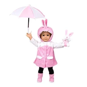 Dress Along Dolly Rain Coat Outfit Doll Clothes for American Girl Dolls: - "Bunny Rain Date" Includes Raincoat, Umbrella, Boots, and Best Friend Bunny