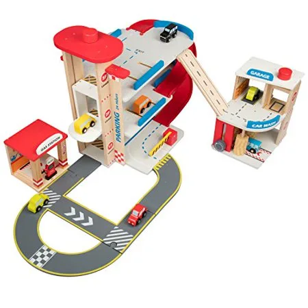 Wooden Toy Car Garage Playset for Toddlers w Car Wash & Gas Station - 7 Cars and 5 Road Pieces Included