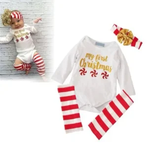 Hot 3 Pcs Toddler Romper+Leggings+Heaband Baby Long Sleeve Christmas Clothes Bodysuit For Newborn Infant All Seasons Use(White+Red+Gold)