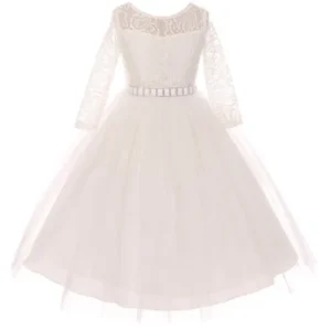 Little Girls Dress Lace Top Rhinestones Tulle Holiday Christmas Party Flower Girl Dress Off White Size 2 (M37BK2)