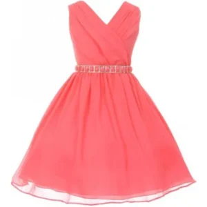 Little Girls Dress Sleeveless V Neck Cross Body Chiffon Party Flower Girl Dress Coral Size 4 (M37BK1)