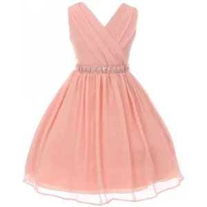 Little Girls Dress Sleeveless V Neck Cross Body Chiffon Party Flower Girl Dress Blush Size 4 (M37BK1)