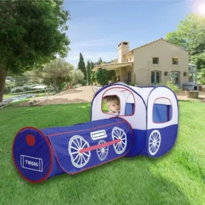 Blue Foldable 2 In 1 Cartoon Train Pop-Up Play Tent Indoor Outdoor Children Tunnel Kids Toddler Play Game House Gaming Toys