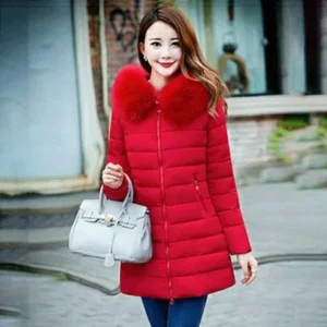 Red Plus Size Medium-Long Cotton Outerwear Winter Coats Women With Big Fur Collar Ultra-slim Thick Warm Clothing