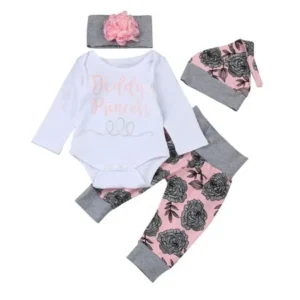 Newborn Infant Baby Girl Letter Romper Tops+Floral Pants Hat Outfits Clothes Set