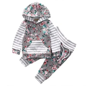 Newborn Infant Baby Girl Floral Striped Hoodie Tops+Pants Outfits Clothes Set