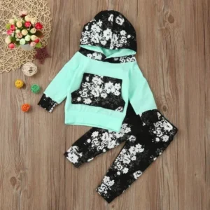 Kids Infant Baby Long Sleeve Floral Print Hood Tops +Pants Outfits Clothes Set