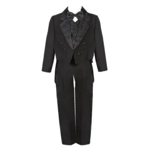 Baby Boys Black 5 Piece Vest Pants Tail Jacket Jacquard Tuxedo Suit