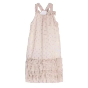 Isobella & Chloe Girls Taupe Reflective Polka Dots Ruffle Strap Party Dress