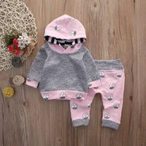 Hot Sale 1Set Fashion Baby Children Kids Girls Clothes Set Cartoon Hooded Splice Tops+Pants Outfits Clothes Twinset