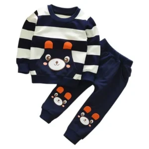Hot Sale Fashion Baby Autumn Winter Kids Children Girls Boys Clothes Set Cute Lovely Cartoon Bear Striped Tops+Pants Outfits Twinset