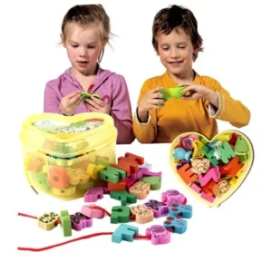 New Upgraded 60 pieces Colorful Wooden Lacing Beads Animals Blocks Heart-shape Box Threading Educational Toy for Children, On Sale