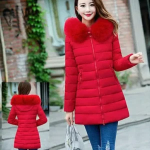 Plus Size Medium-Long Cotton Outerwear Winter Coats Women With Big Fur Collar Ultra-slim Thick Warm Clothing, Red, XL